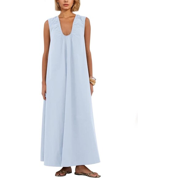 Women's Maxi Dress Cotton Sleeveless Ruched Pockets Casual Elegant Blue